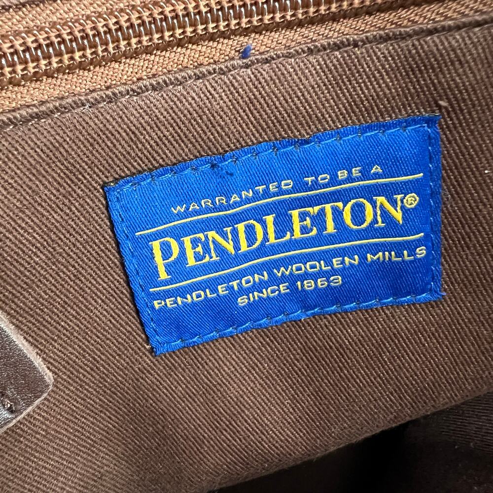 Pendleton Open Top Tote Bag Chocolate Brown Leather Laser Cut Wool Blanket Panel - Picture 8 of 13